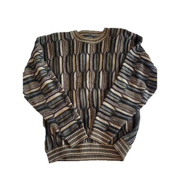 Vintage Protege 90s Textured 3D Knit Coogi Style Biggie Neutral Sweater Medium - Picture 1 of 5